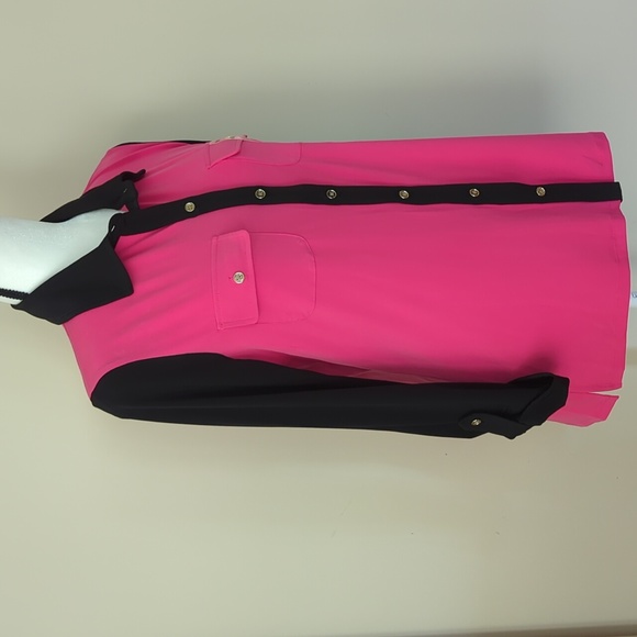 Jones NY Signature Tab Sleeve Button Down Blouse M Black Hot Pink - Picture 7 of 16